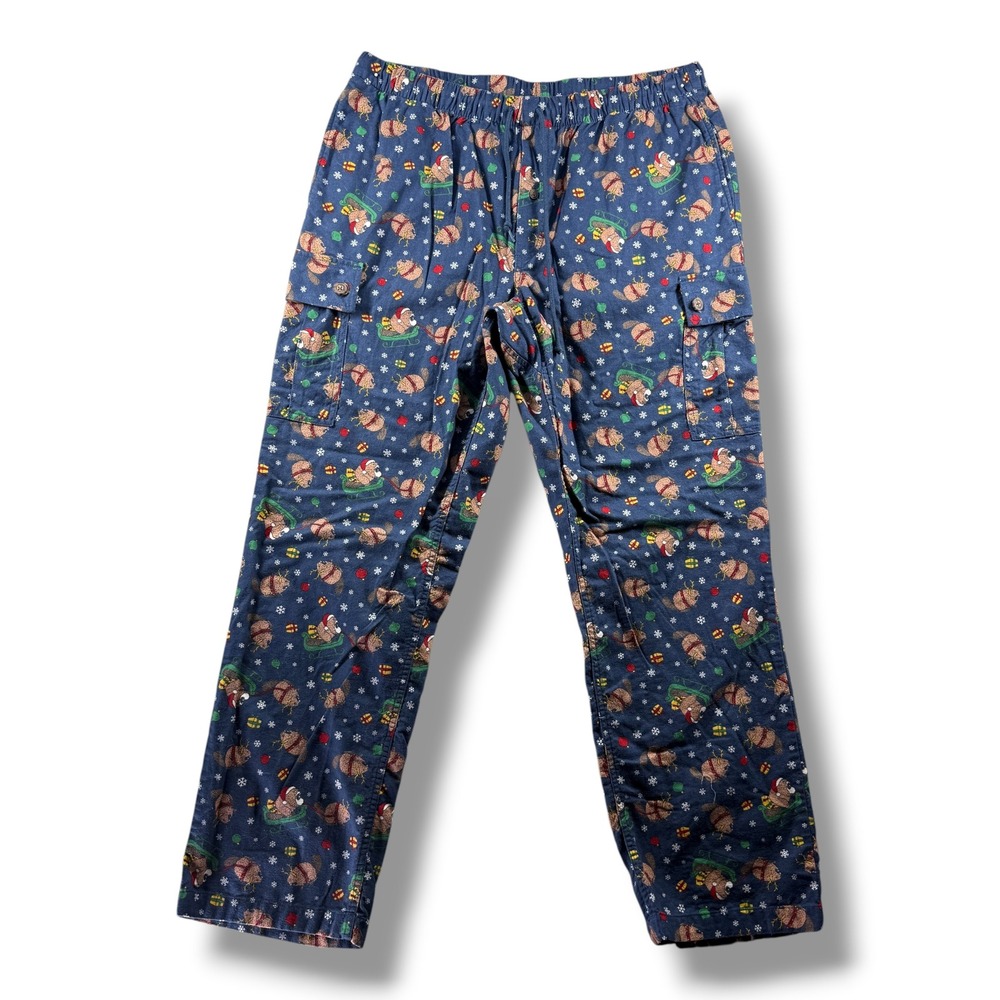 Duluth Trading Co Mens Blue Holiday Beaver Flannel Pajama Pants L x 32 Cargo